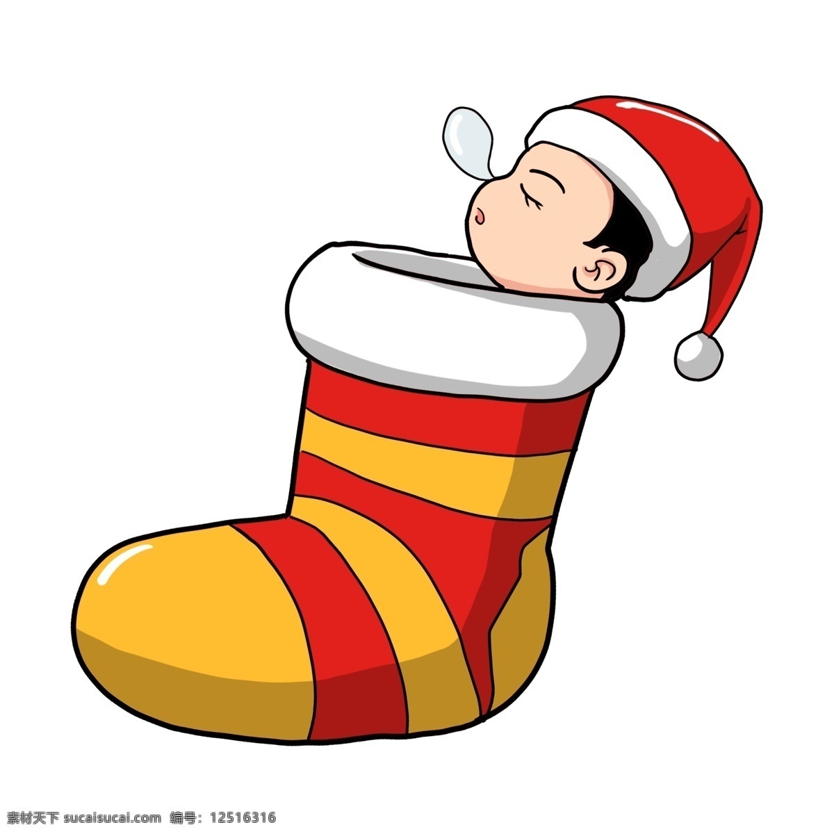卡通 手绘 圣诞 袜 里 瞌睡 小孩 插画 圣诞袜子 长筒袜 彩色条纹 红色 黄色 圣诞帽 打瞌睡 可爱 有趣 圣诞节 冬季 卡通手绘