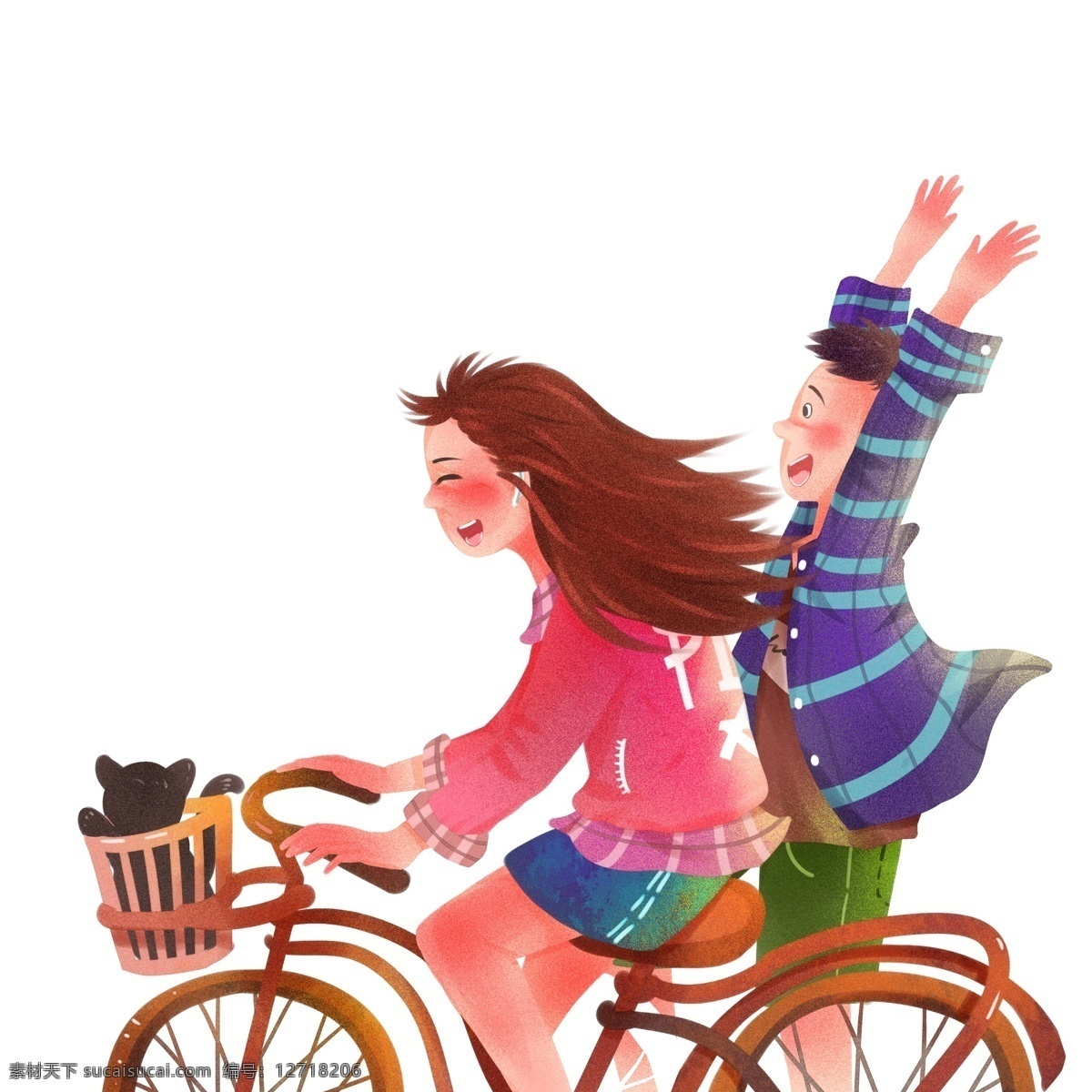 手绘 骑 自行车 一起 去 旅行 小 情侣 彩色 彩绘 插画 人物 小情侣 男生 女生 骑自行车