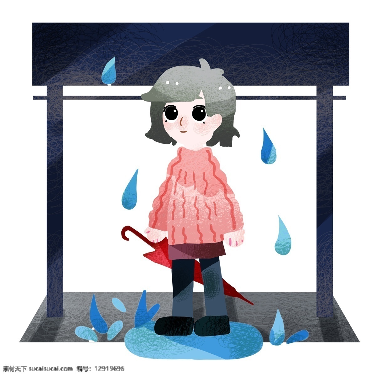 惊蛰 下雨天 女孩 插画 惊蛰插画 下雨天气 红色的雨伞 蓝色的雨滴 水渍 可爱的小女孩 创意节日插画