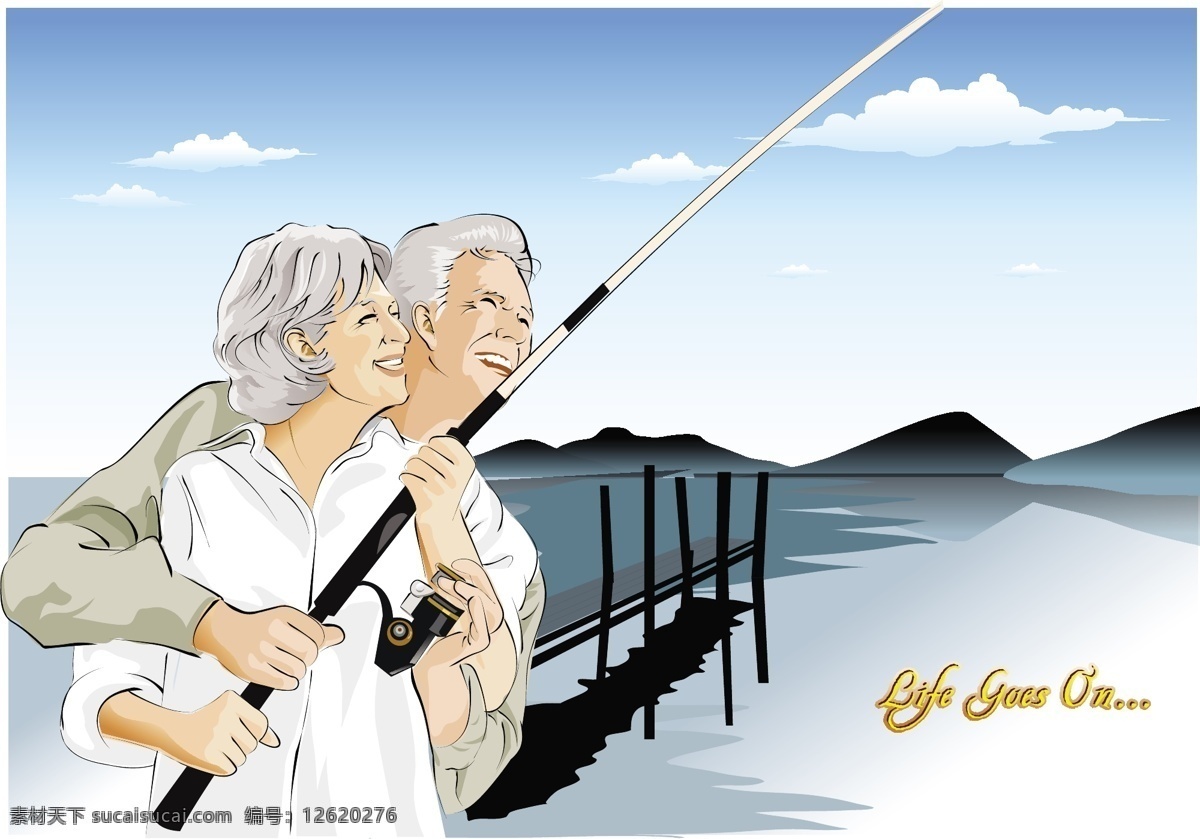 幸福的晚年 一起去垂钓 钓鱼 码头 蓝天 河水 吊杆 老年人 夫妻 恩爱 幸福 晚年 爷爷 奶奶 矢量 夕阳红 老人 白色