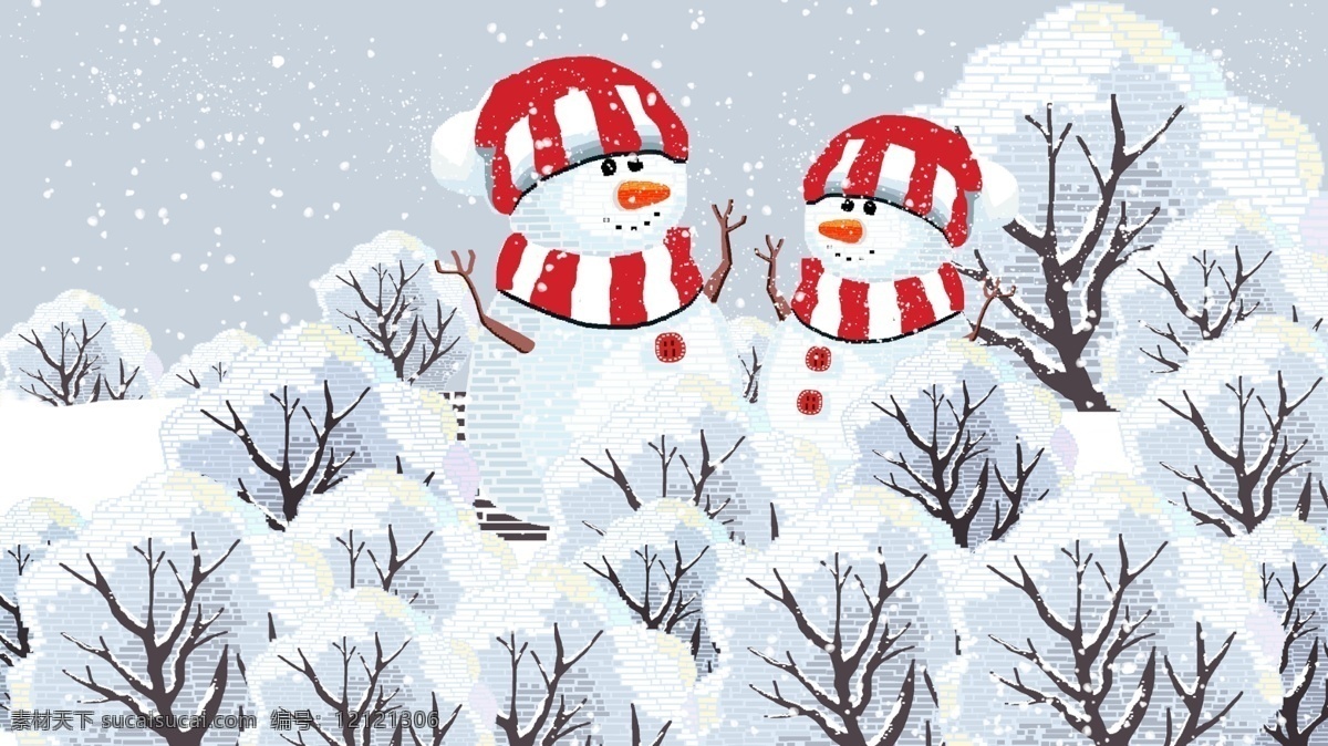 80s 复古 像素 冬天 你好 插画 雪 雪人 树 微博配图 冬季 雪景 冬天你好插画 冬天你好 手机用图 公众号配图