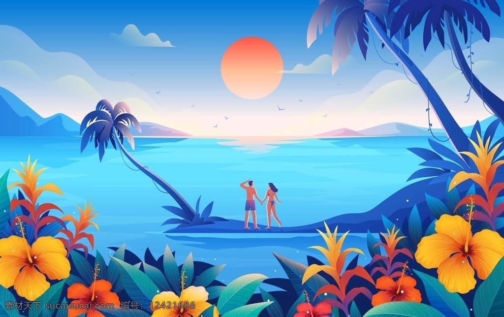 夏季 海边 度假 场景 插画 创意 插图 热带 旅游 度假场景 扁平化 动漫动画