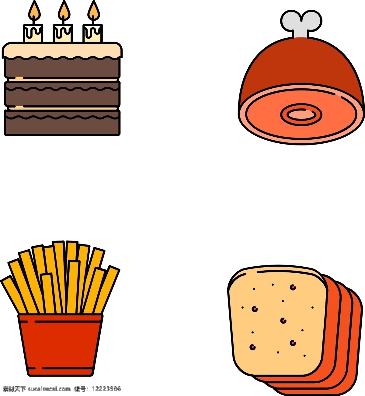 卡通 手绘 食物 食品 图标 卡通手绘 蛋糕 鸡腿 薯条 面包 免抠 png格式 可分开使用 卡通的