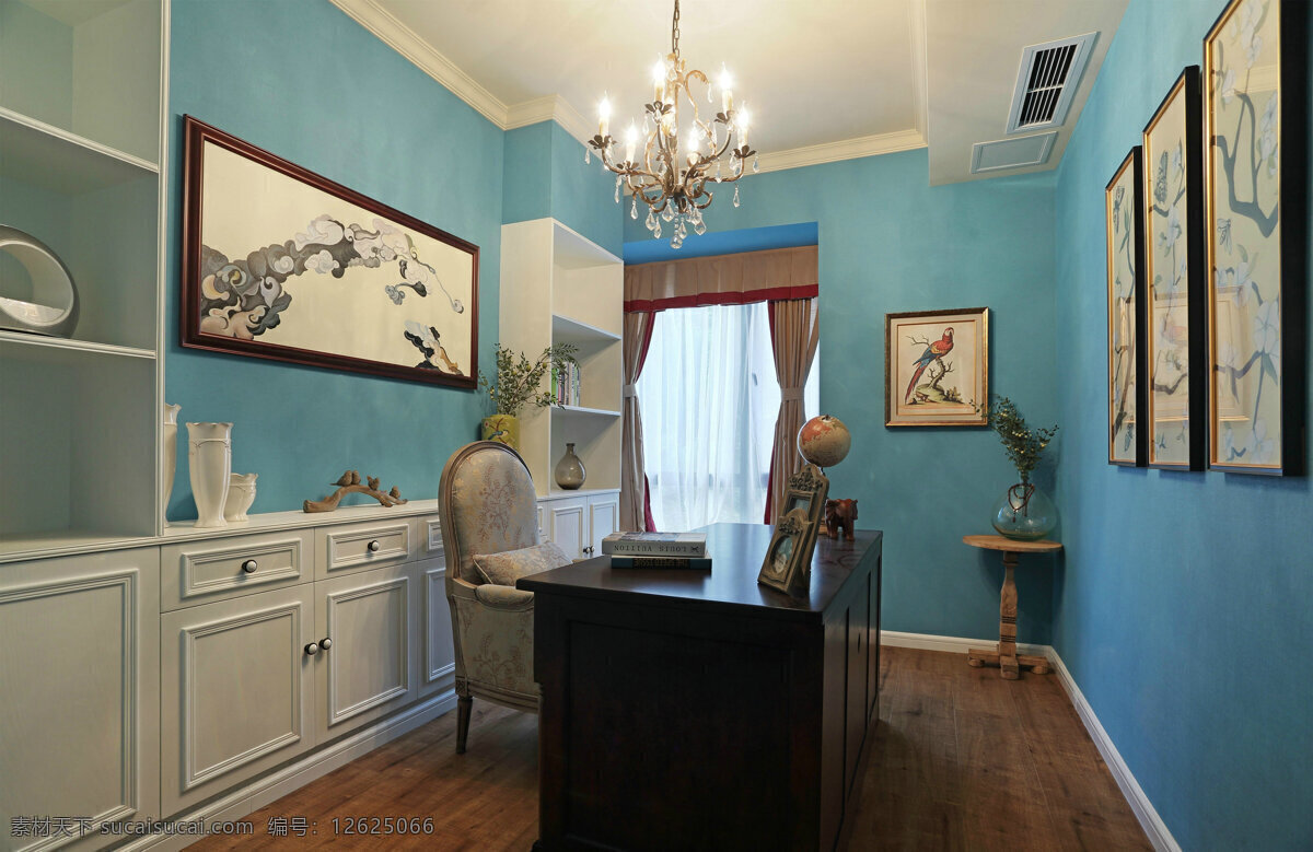 欧式 时尚 客厅 蓝色 背景 墙 室内装修 效果图 客厅装修 黑色书桌 白色柜子 木地板