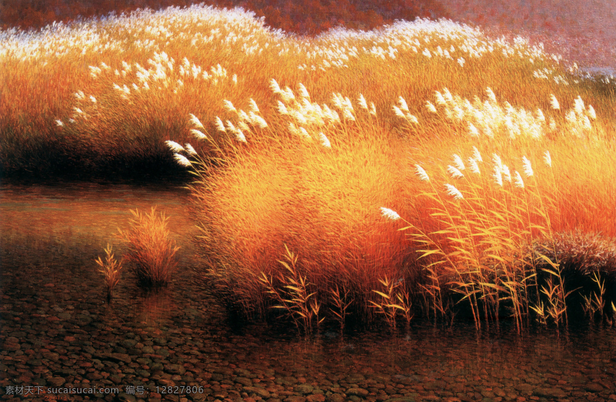 秋天 芦苇 风景 油画 油画写生 风景油画 秋天风景 风景写生 绘画艺术 装饰画 书画文字 文化艺术