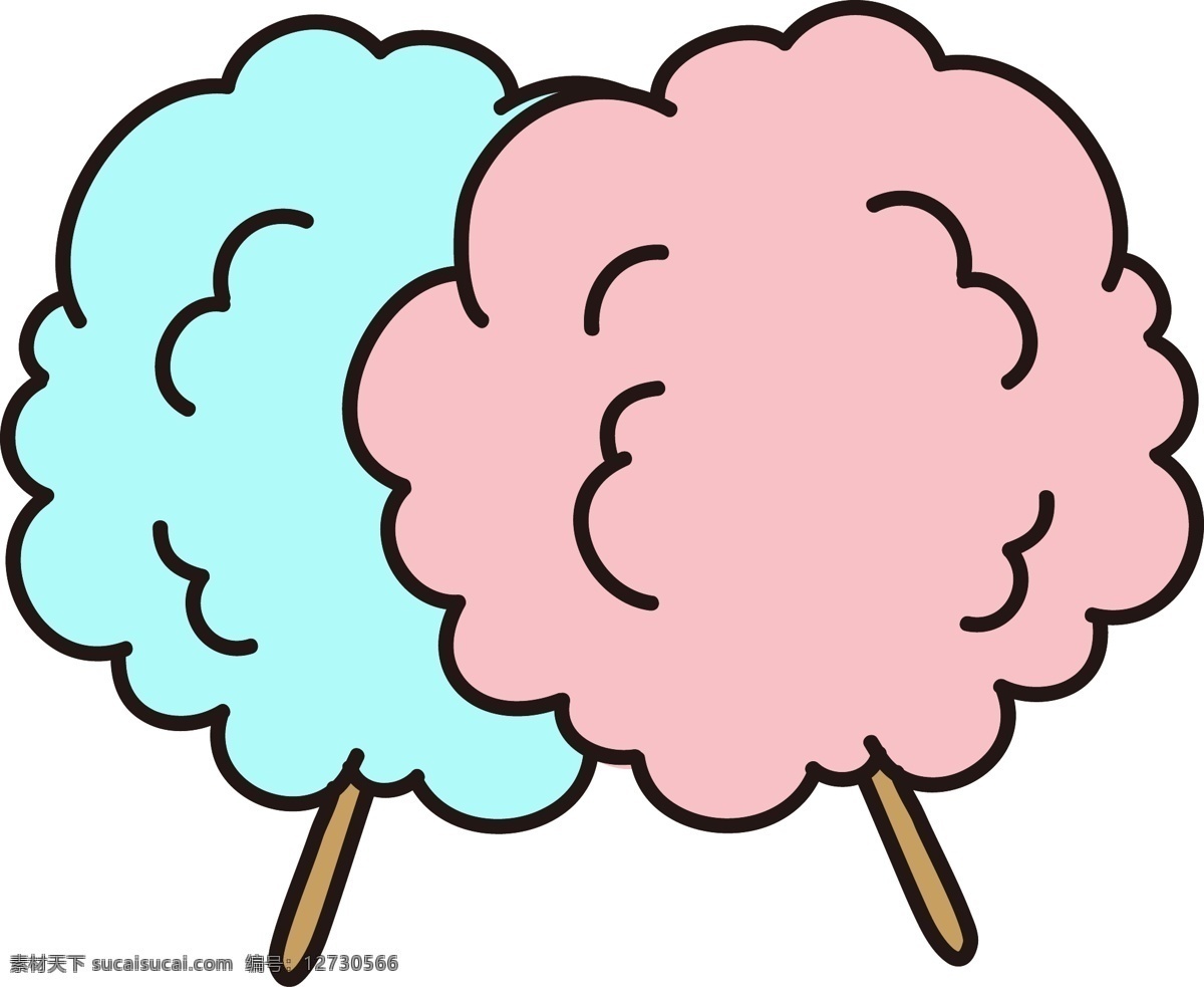 矢量 手绘 卡通 棉花 糖 棉花糖 蓝色 粉色 描边 甜食 食品 食物 零食 棉花糖棍 云朵免扣