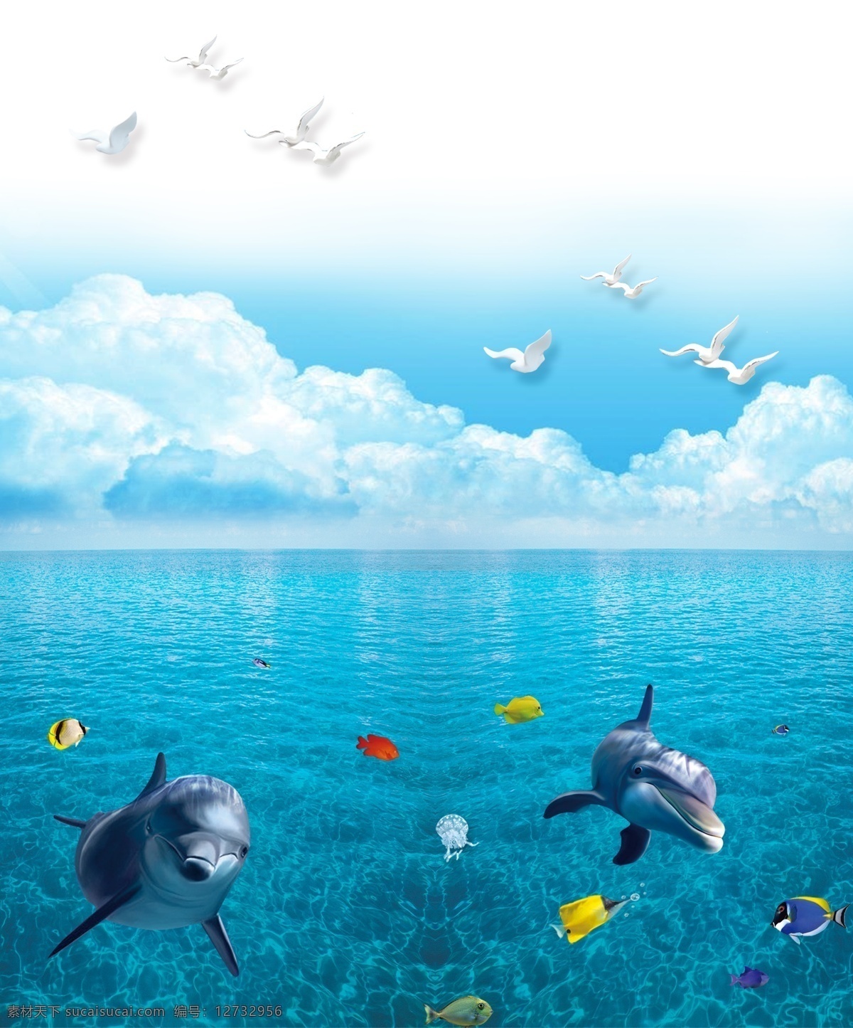 海底世界 大海 蓝天 白云 海鸥 海豚 彩色鱼 装饰画 挂画 背景画 分层 背景素材