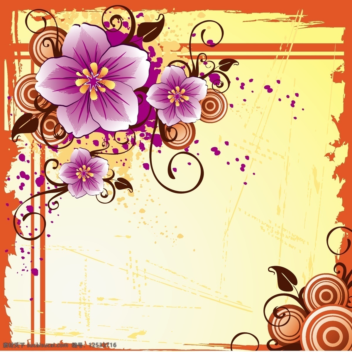 紫色 藤蔓 圆环 花朵 插画 边框 橙色 印花图案 植物 紫色藤蔓