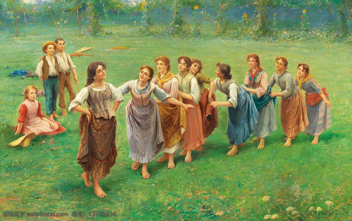 福斯 托 佐纳 罗 科比 作品 意大利画家 乡间草地 女孩们 排队 跳舞 观看 19世纪油画 油画 文化艺术 绘画书法