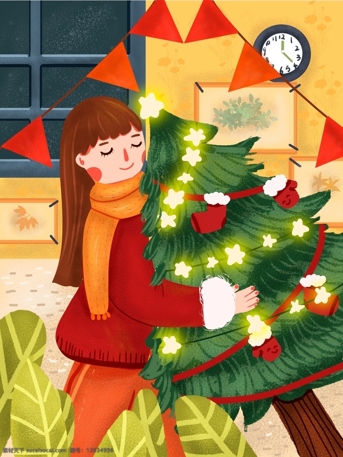 圣诞节 快乐 可爱 卡通 女孩 抱 圣诞树 小清新