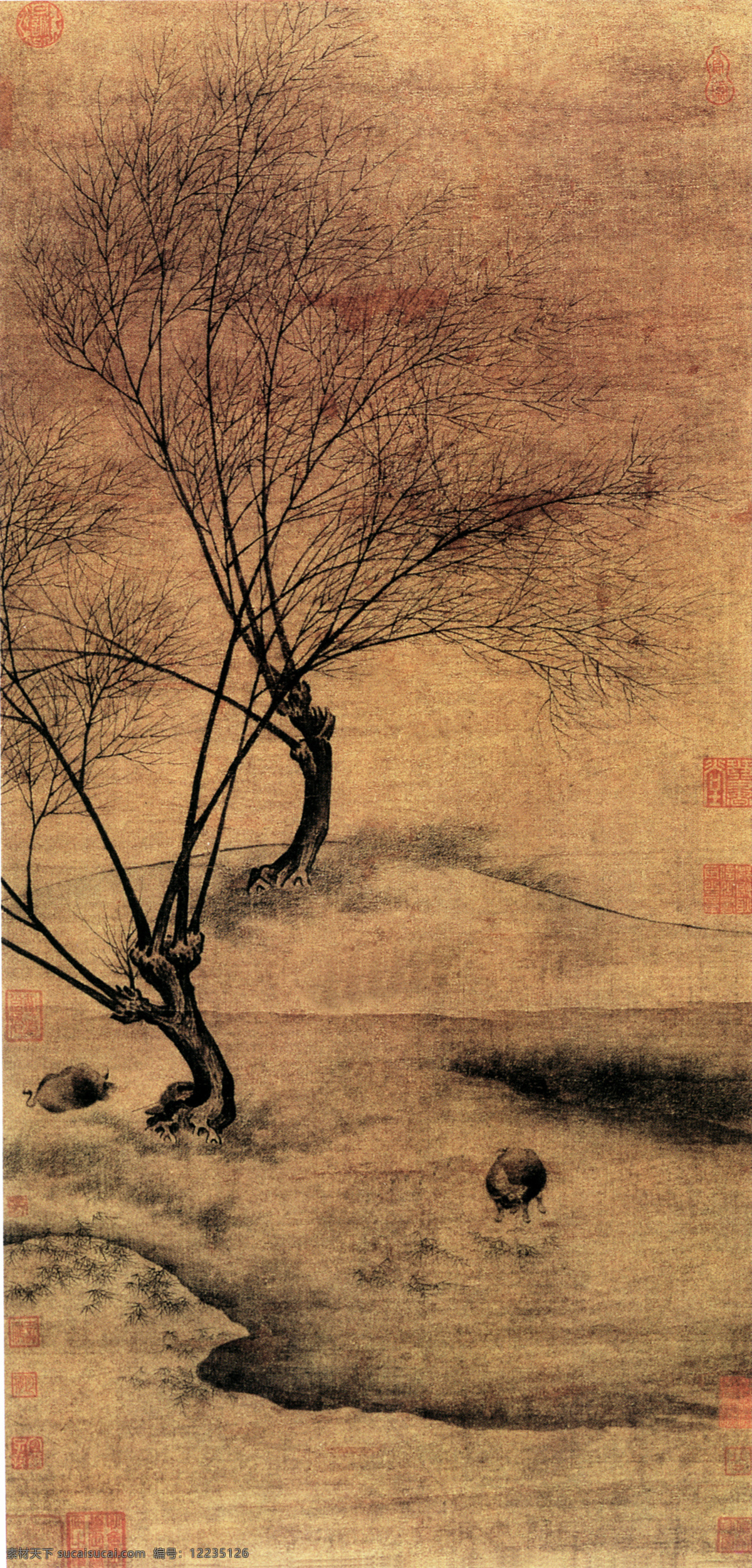 山水 名画 书画 柳荫 放牧 图 古画 山水画 书画真迹 中国水墨画 柳荫放牧图 文化艺术