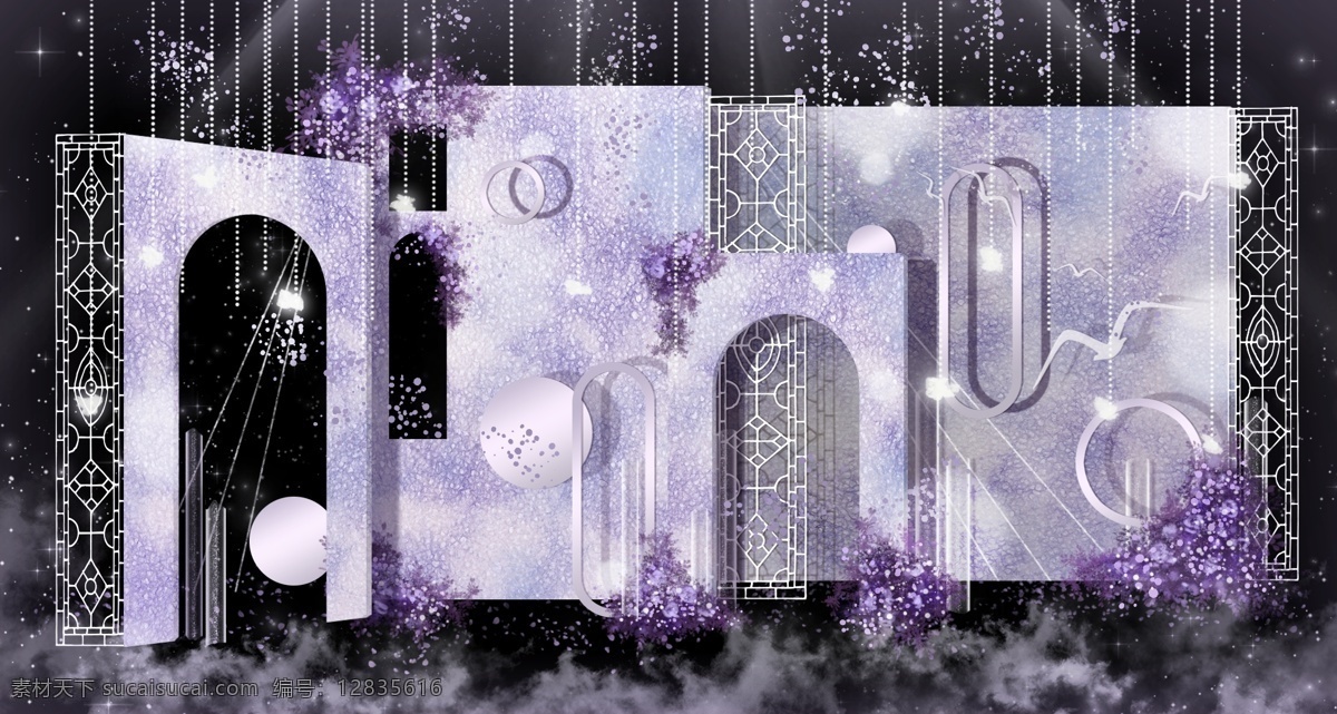 浅紫色 简约 婚礼 效果图 拱门 迷宫 镂空 花艺 圆环 雕花 光效 合影区 迎宾区