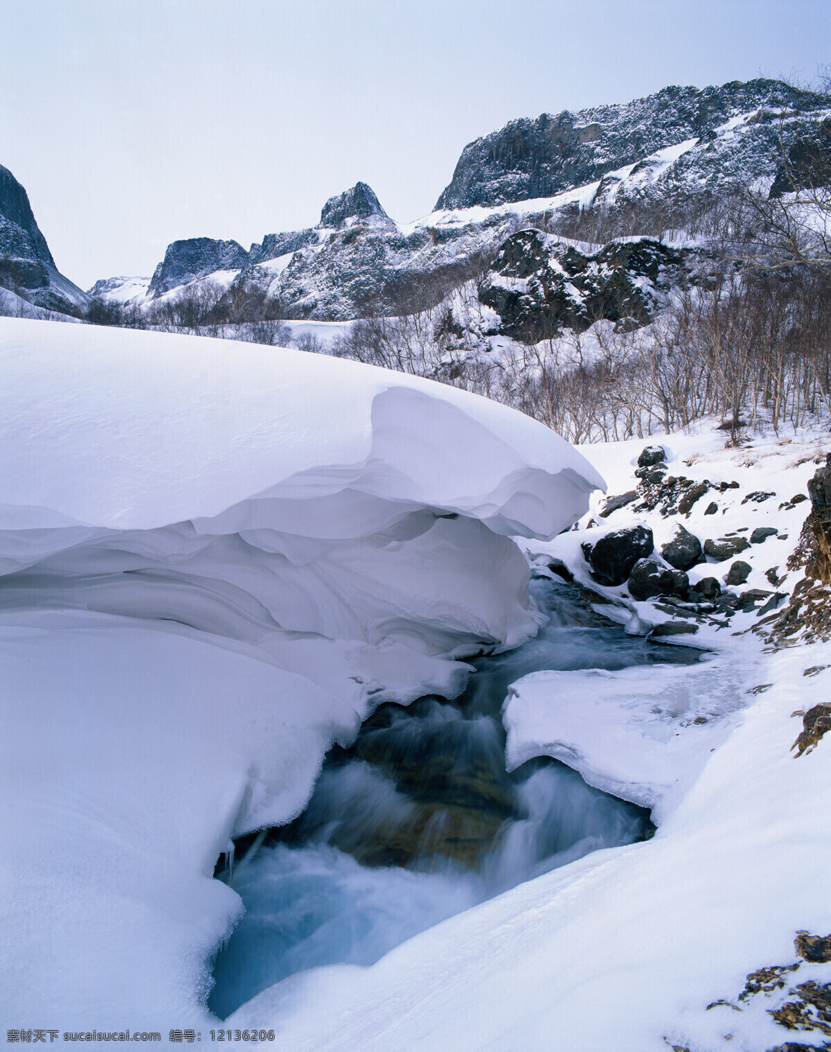 雪山 树木 景观 高山 大雪 洁白 岩石 峭壁 冰冻 河流 景色 高清图片 山水风景 风景图片