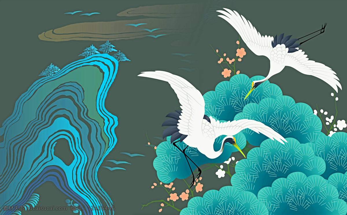 仙鹤 山水 传统 复古 背景 素材图片 古风背景
