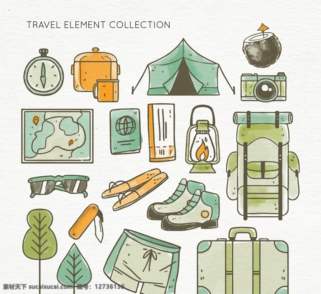 彩绘 户外 度假 元素 图标 矢量 旅行 旅游 驴友 户外度假 背包 帐篷 相机