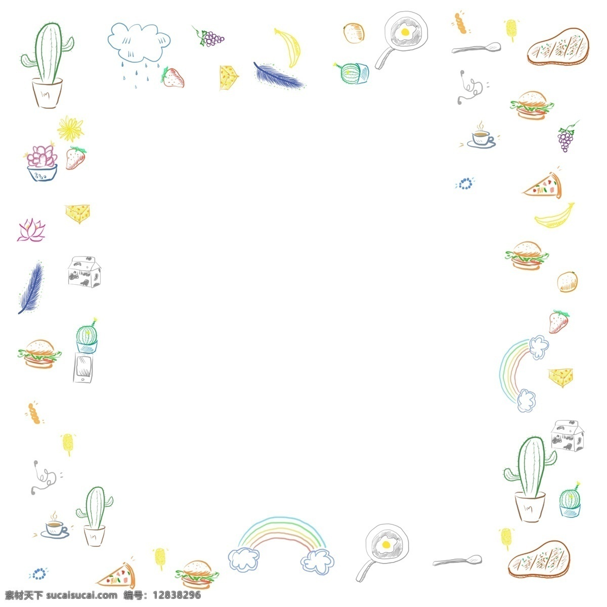 通用 彩色 简 笔画 简单 植物 食物 矩形 边框 免 抠 图 简笔画 手绘 png免抠图 彩虹 仙人掌 香蕉 汉堡 煎蛋 葡萄 云彩 牛排 牛奶
