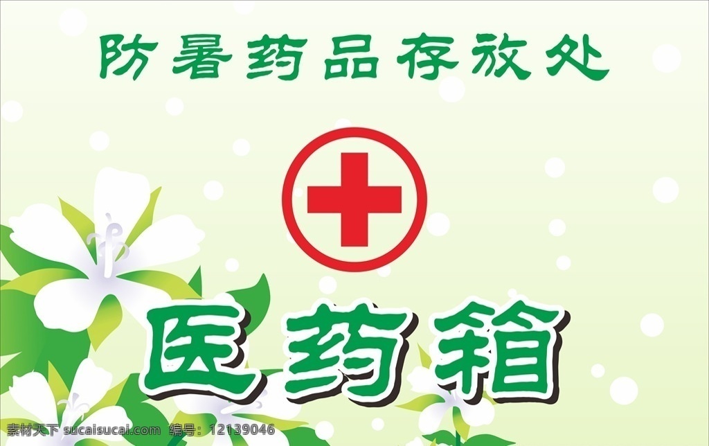 针线包 医药箱 绿色背景 温馨背景 红十字 金银花 寄存处 防暑药品 卡片设计