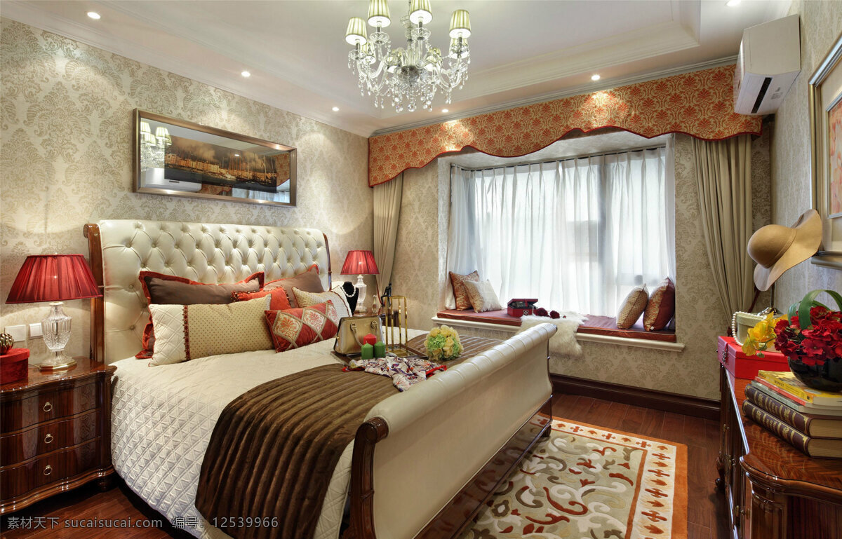 中式 卧室 白色 水晶 吊灯 室内装修 效果图 客厅装修 木地板 花纹地毯 木制柜子