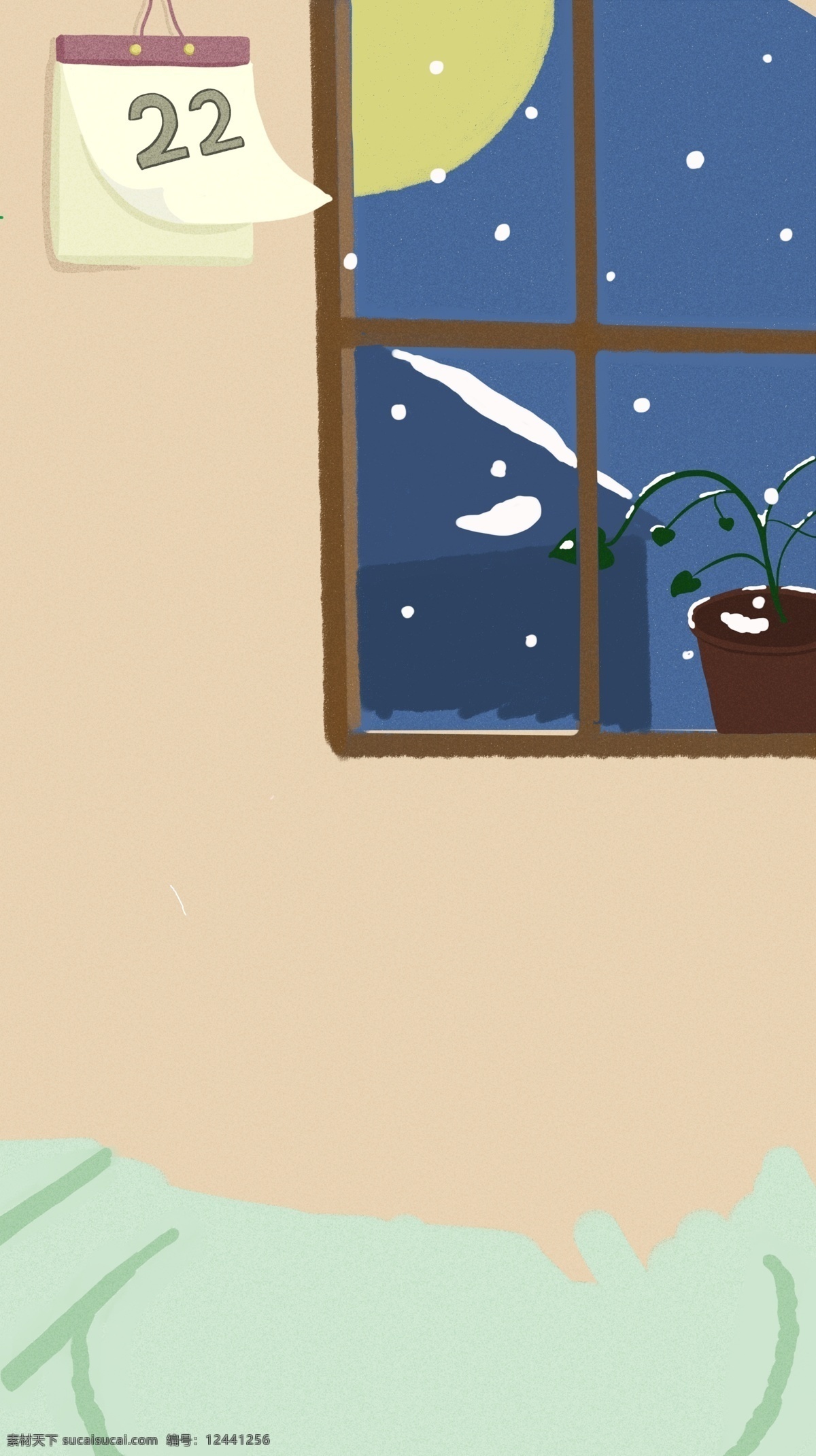 简约 手绘 家居 窗户 蓝色 盆栽 背景 冬天 圆月 日历 广告背景 手绘背景 背景展板图 背景图 创意