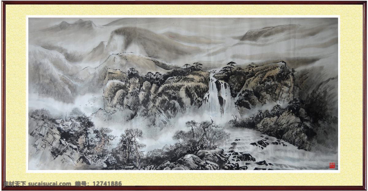 高山 国画山水 河流 绘画书法 激流 瀑布 山峰 山水画 瀑布水音 中国画 纸本设色 流云 石 石头 云雾流水 树木 杂树 印章 陈强 国画作品 文化艺术 装饰素材 雕刻 图案