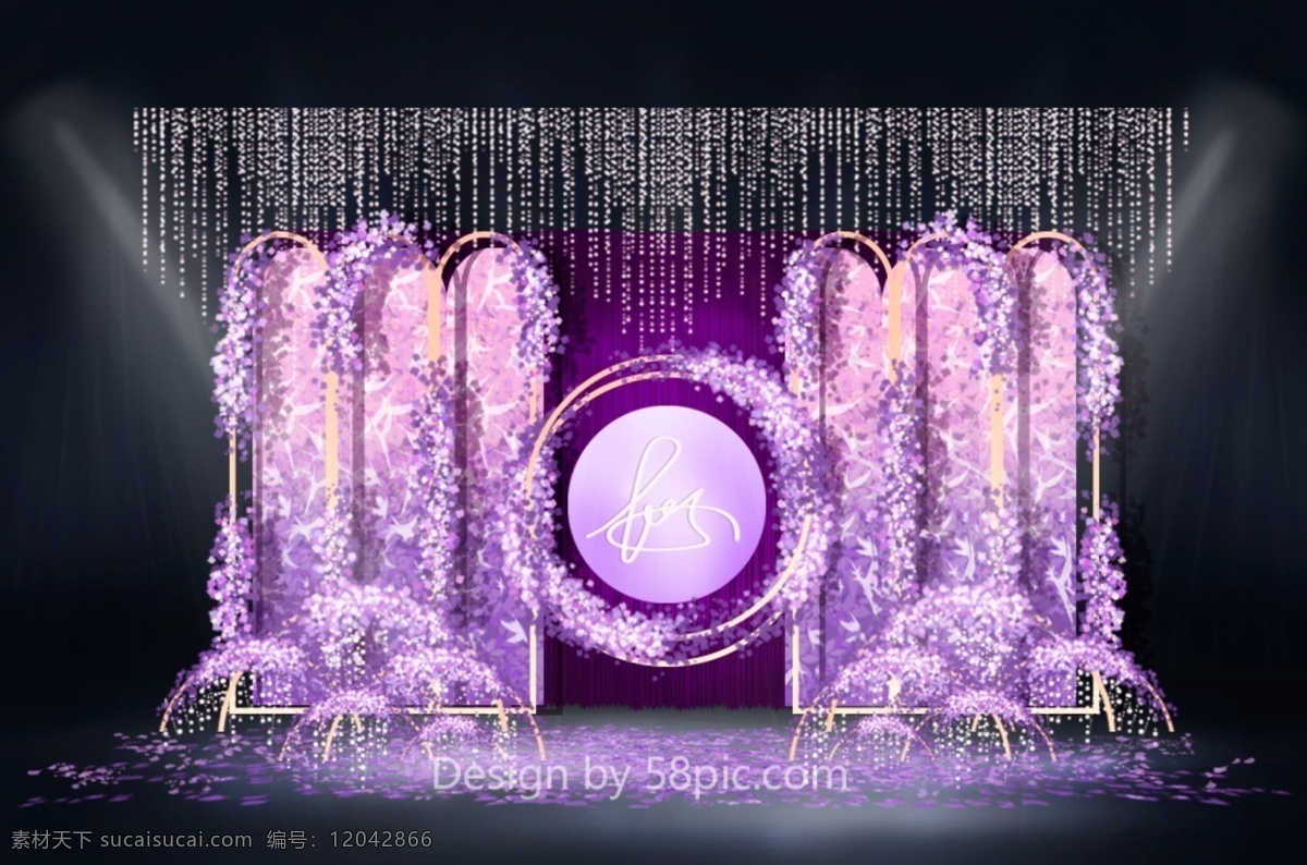 紫色 浪漫婚礼 效果图 唯美 清新 纹理 花瓣 浪漫 淡雅 弧形 拱门 圆形 铁环 婚礼迎宾区
