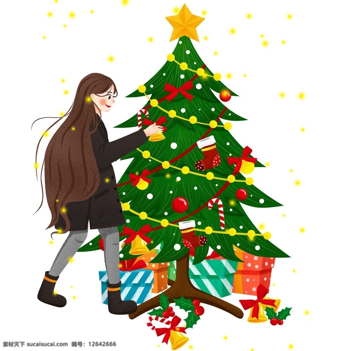 彩绘 小清 新装 饰 圣诞树 女孩 圣诞节 节日 礼物 插画 过圣诞 psd设计