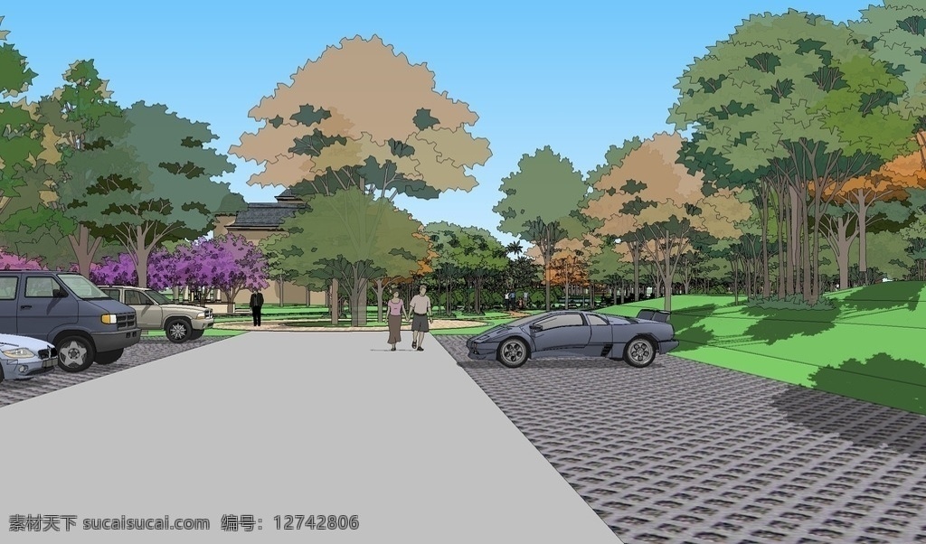 停车场效果图 小区景观设计 环境设计 sketchup 景观效果图 景观设计