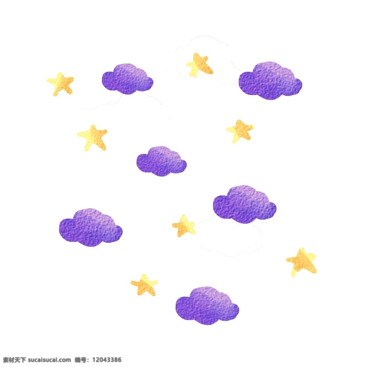 梦幻 星星 云朵 漂浮 装饰 温馨 可爱 浅色系 漂浮空中 水彩风格装饰 紫色云朵 黄色星星 温柔 天空