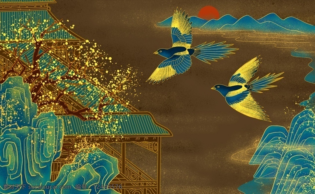 烫金 中式 庭院 喜鹊 中国元素 图案 长廊 金色 金喜鹊 烫金背景 背景素材 展板模板