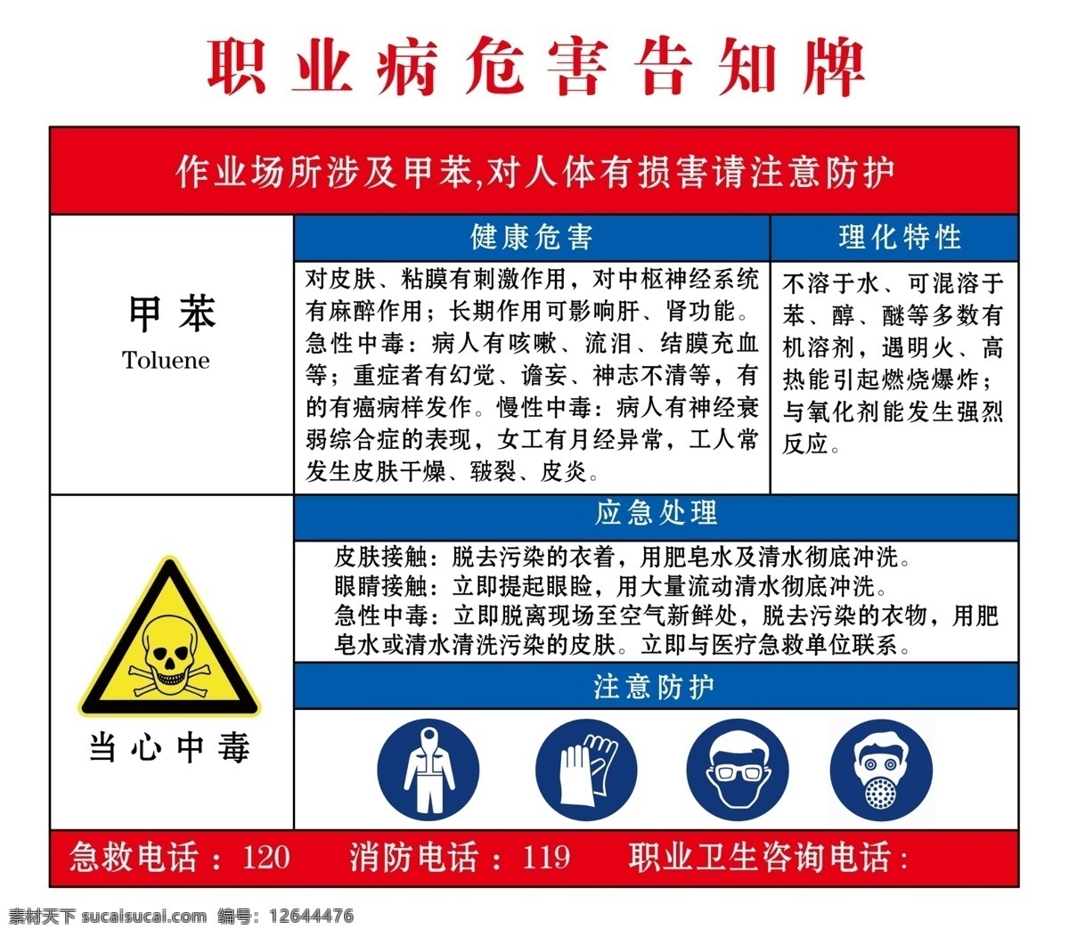 甲苯危害告知 甲苯 职业危害 告知牌 告知卡 危害告知牌 危害告知卡 当心中毒 穿防护服 戴防护手套 带防护眼镜 防毒面具 标志 告知 牌 警示 分层