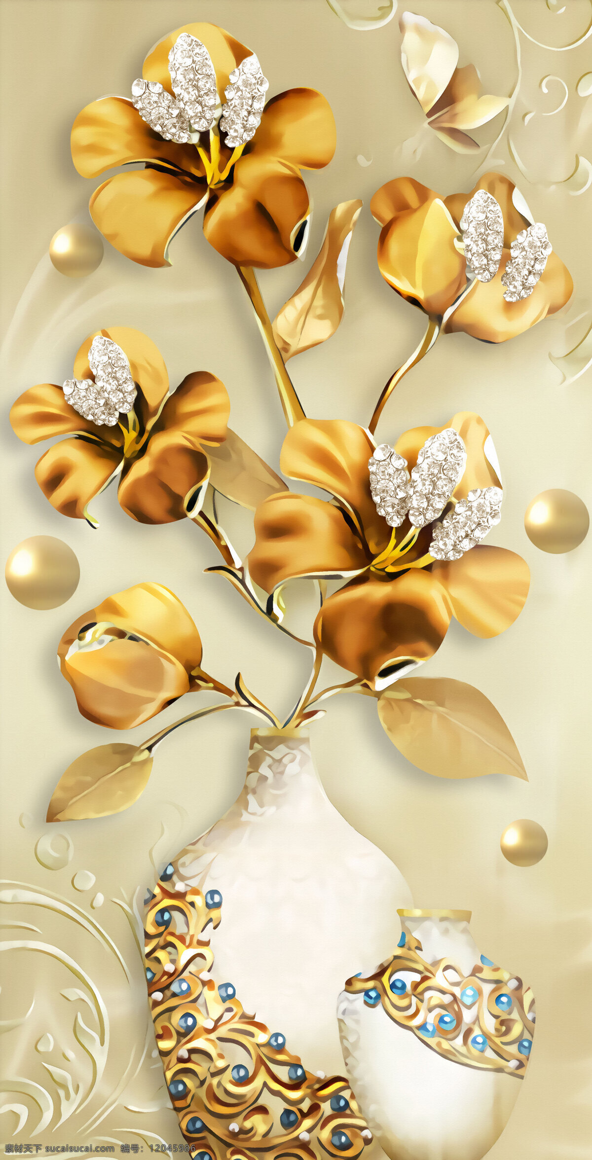 立体 浮雕 金色 珠宝 花卉 花瓶 玄关 金色花 立体珠宝 文化艺术