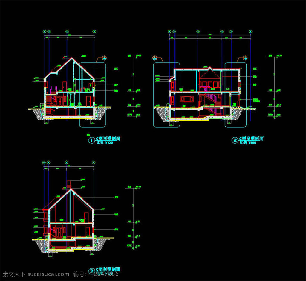 剖面 cad 图纸 图纸模板下载 豪华别墅 cad图纸 施工图 经典别墅 工程图 装潢 dwg 黑色