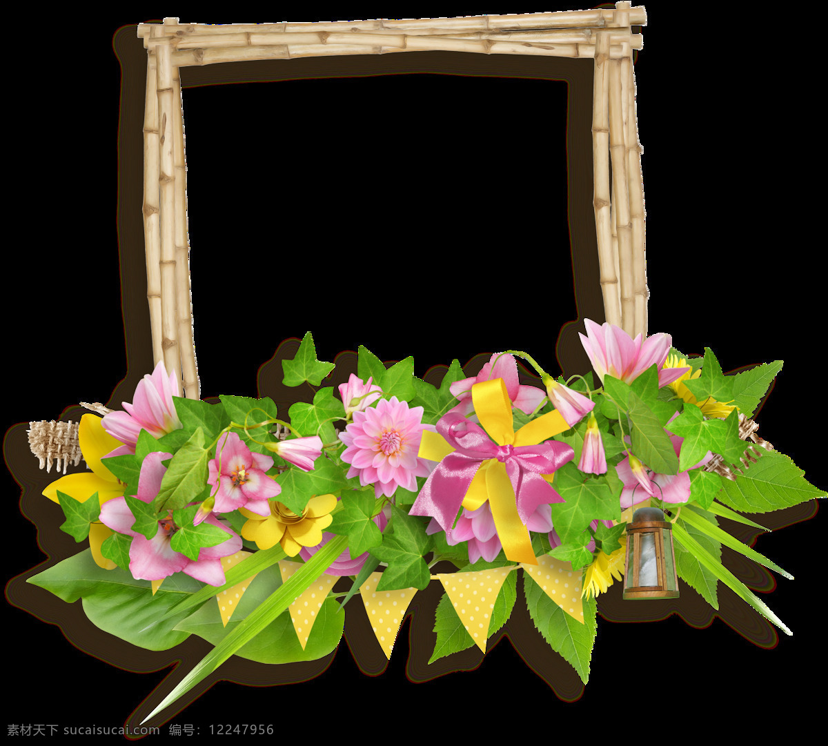 彩绘 红 黄花 装饰 相框 透明 木枝 绿叶 丝带 鲜花 透明素材 免扣素材 装饰图片