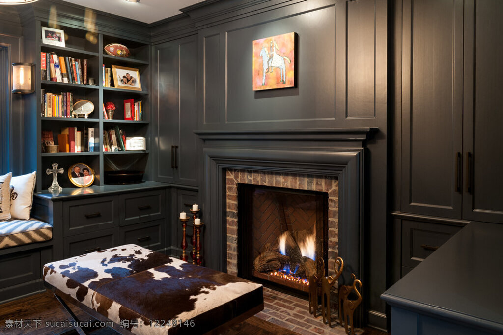 黑色 时尚 大气 美式 书房 装修 效果图 壁炉 创意摆件 挂画 室内装修 书房设计 书籍 印花坐垫