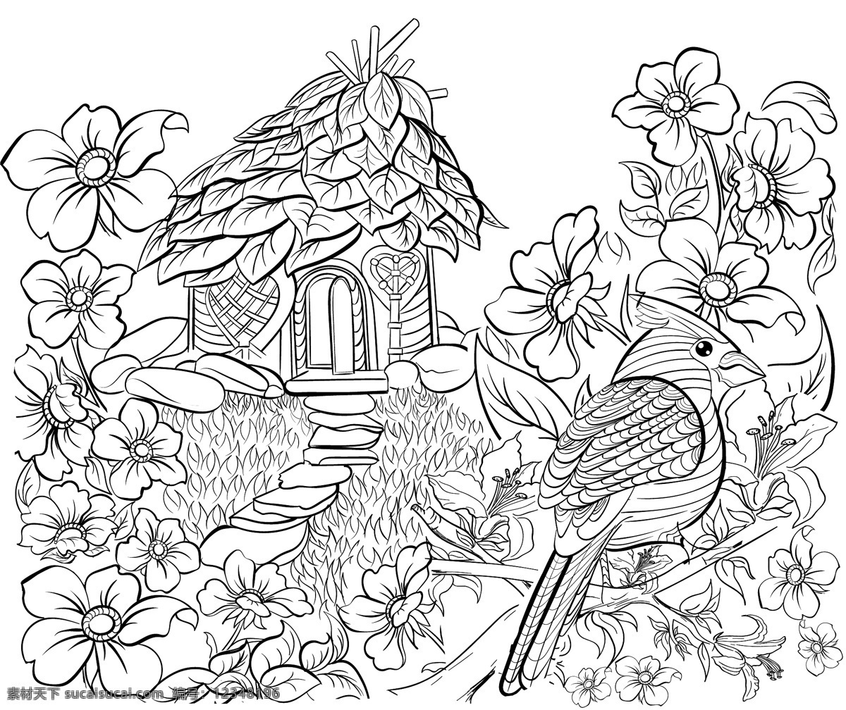 黑白 线条 小鸟 插画 动物 房子 自然 手绘 叶子