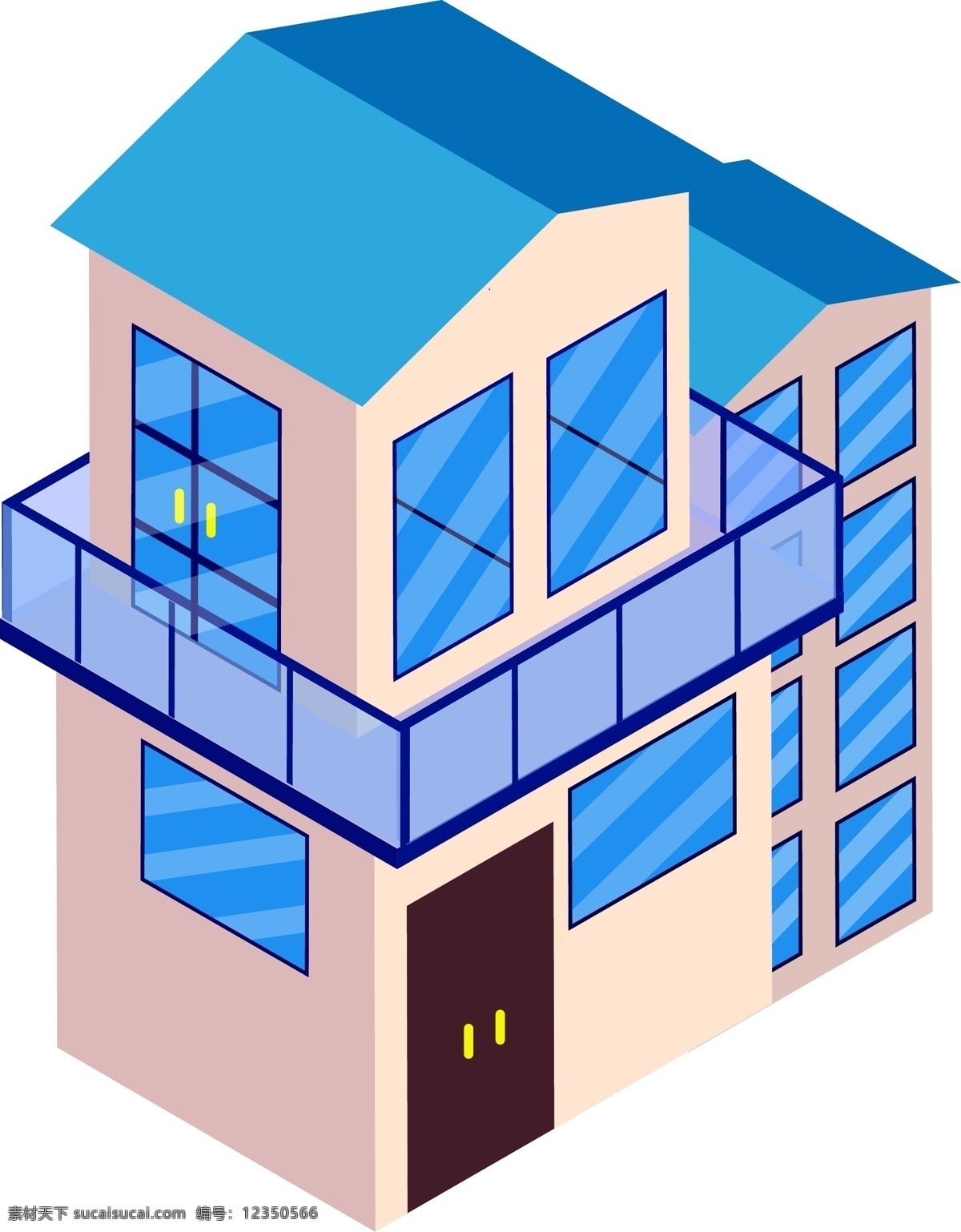 d 风格 双层 建筑 元素 商用 城市 生活 立体 蓝色 别墅 2.5d 空间 三维 玻璃