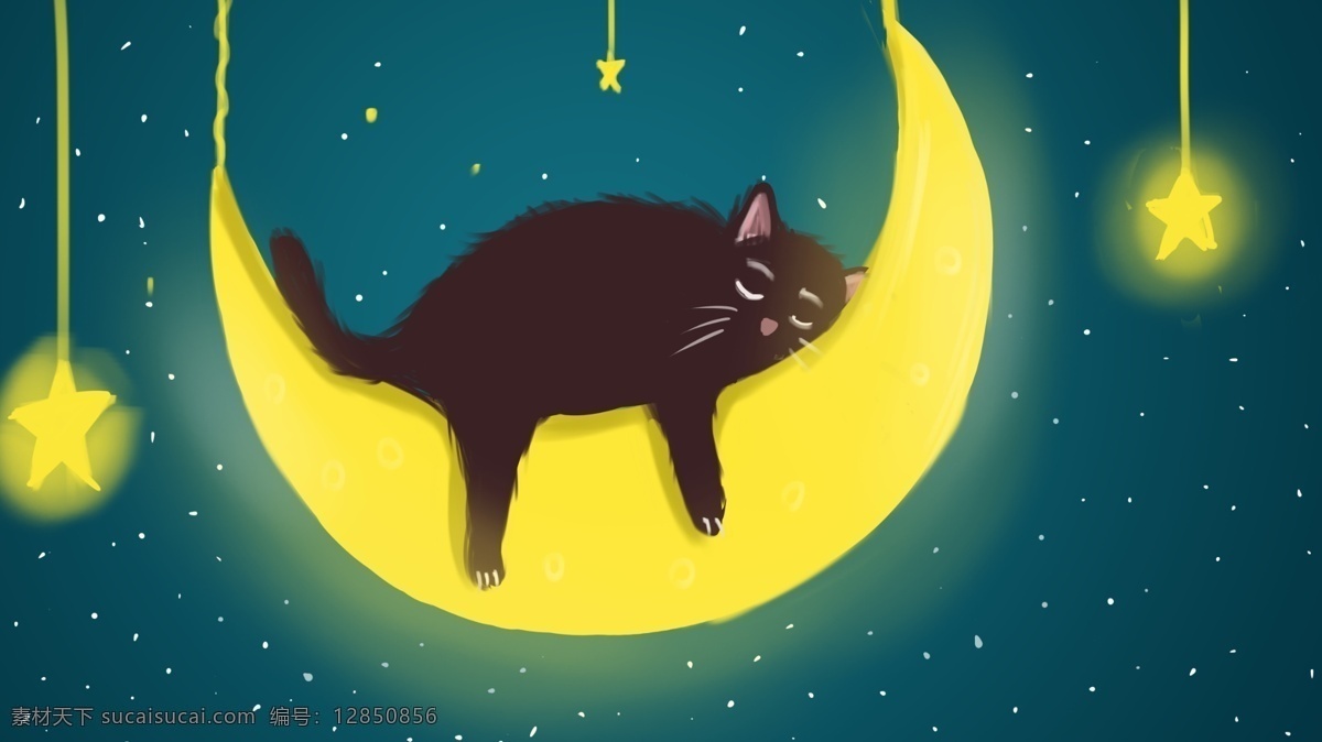 萌 宠 系列 月亮 上 睡着 小 猫咪 治愈 插画 配 图 宠物 动物 壁纸 萌宠系列 撸猫 海报 配图 猫背景