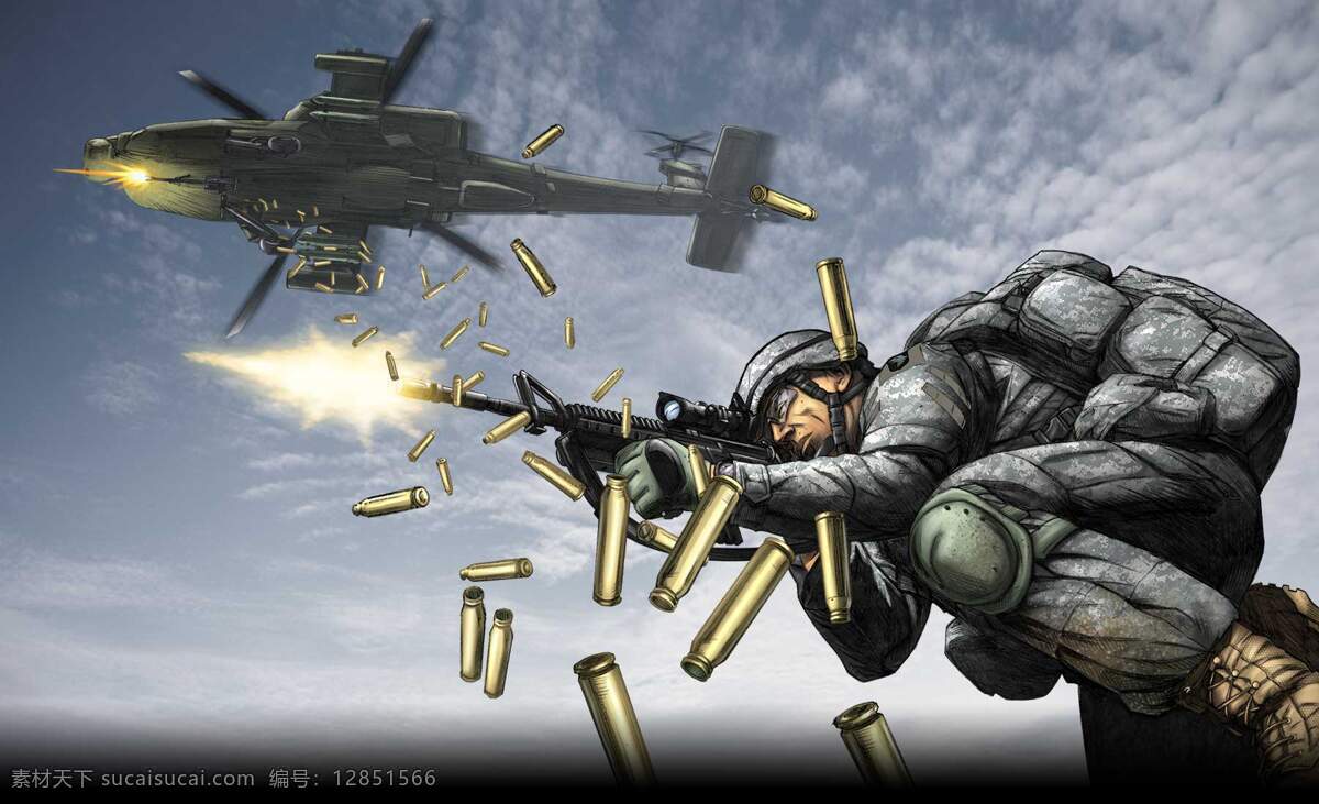 美军 机枪手 士兵 直升机 特种兵 开枪画面 战士插画 插画集