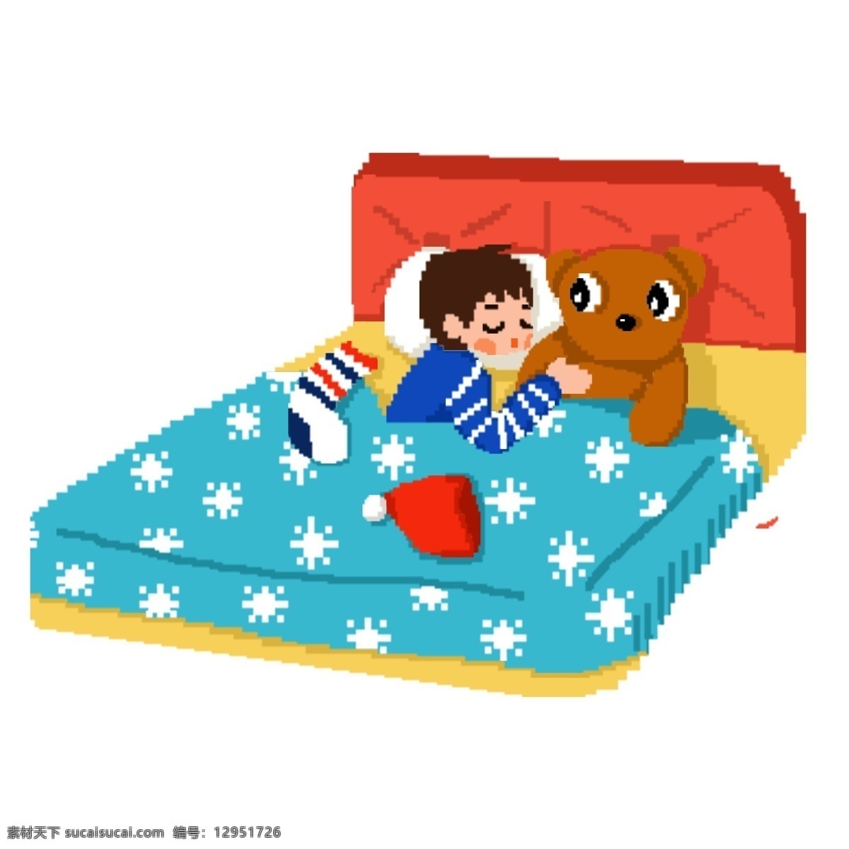 手绘 卡通 圣诞节 夜晚 搂 玩具 熊 睡觉 小 男孩 袜子 圣诞礼物 玩具熊 小男孩 圣诞帽 马赛克风