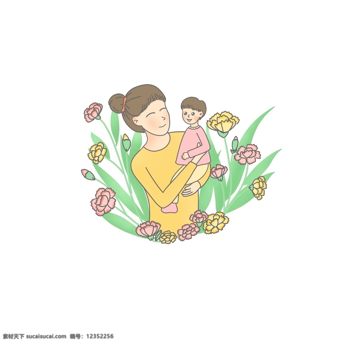 卡通 爱 妈妈 抱 婴儿 康乃馨 可爱 宝宝 母亲节 花朵 场景