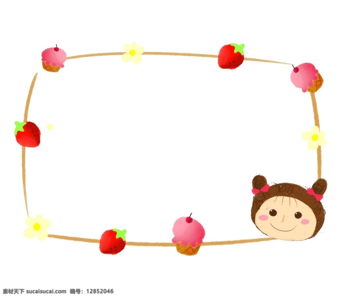 手绘 草莓 边框 插画 可爱的小孩 卡通插画 手绘插画 边框插画 草莓的边框 红色的草莓 水果 蛋糕