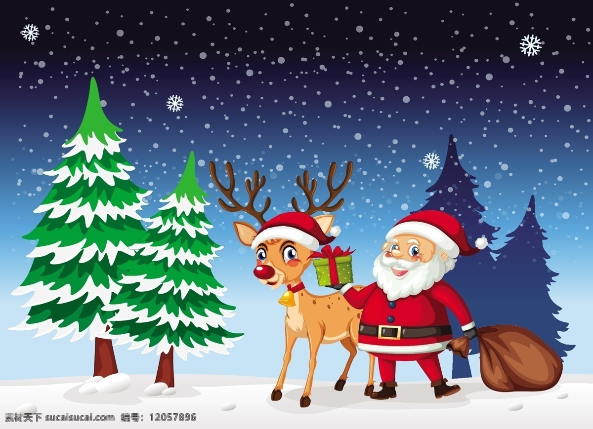 冬天 雪 中 圣诞老人 冬季 雪花 动物 人物 雪中 下雪 圣诞树 驯鹿