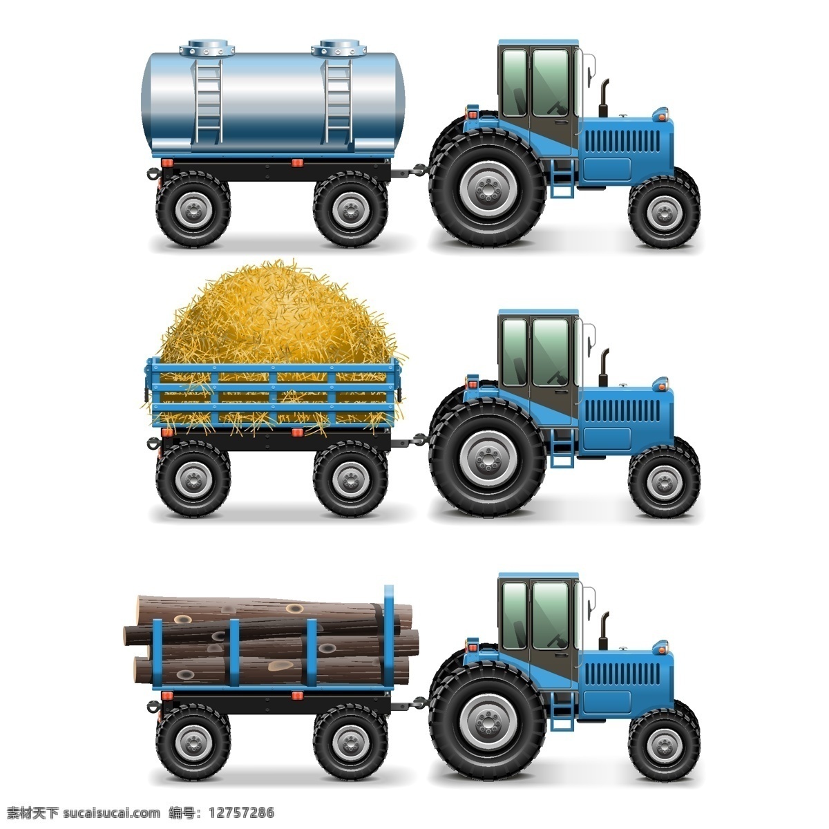 精美 蓝色 拖拉机 矢量 工程拖拉机 农业 工业 木头 稻草 运输 农用运输车 矢量图 白色