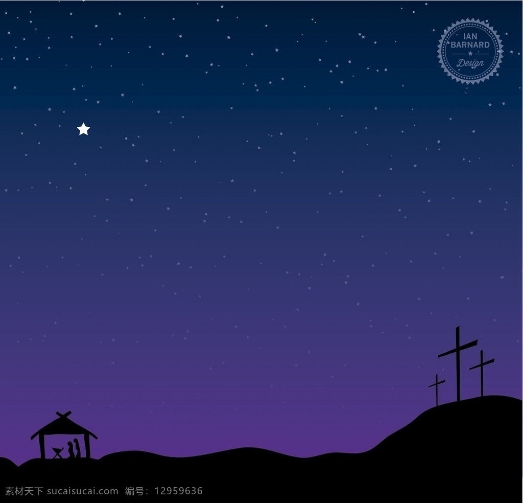 星空 花纹 底纹 纹理 夜空 五角星 星星 亭子 茅草屋 剪影 十字架 山坡 自然风景 自然景观 矢量