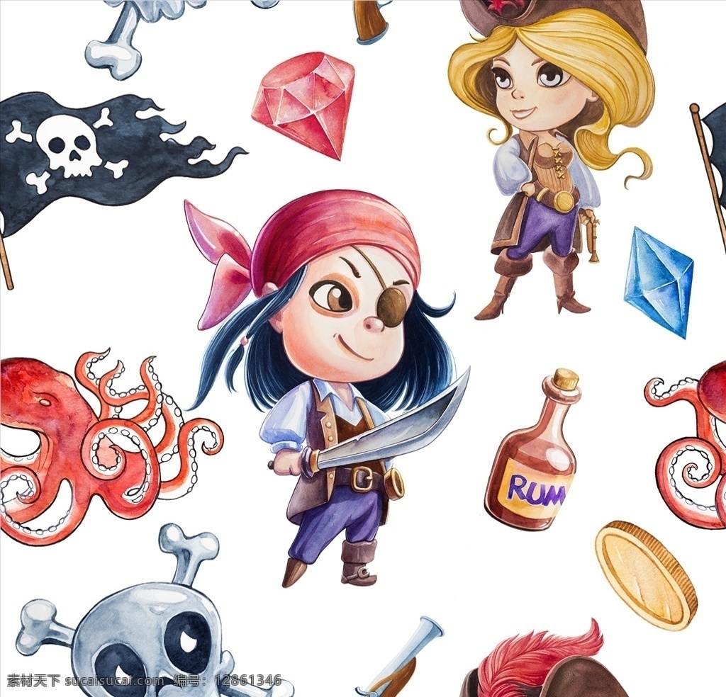 卡通海盗素材 水彩 卡通 海盗 幼儿园素材 可爱 卡通设计