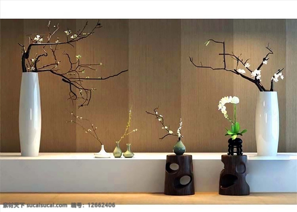 中式 风格 陶瓷 装饰品 摆件 植物 环境设计 效果图 max