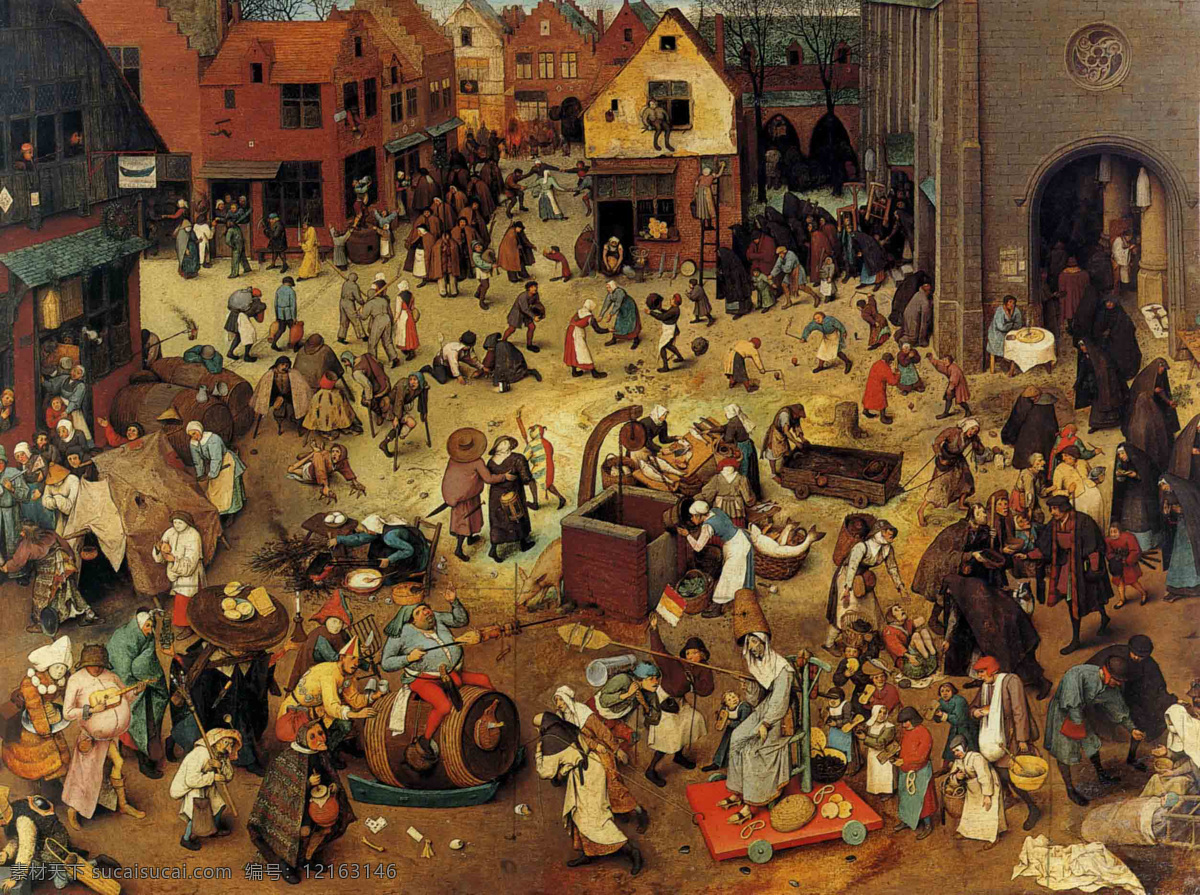 老 勃 鲁 盖尔 作品 狂欢节 四 旬 斋 之间 斗争 寓言艺术 人群 早期 尼德兰 画家 街道 西方古典油画 绘画书法 文化艺术
