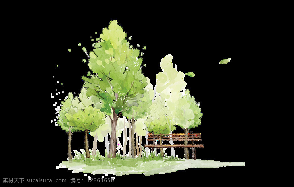 卡通 手绘 户外 风景 元素 png元素 景色 绿色 免抠元素 树木 透明素材 椅子