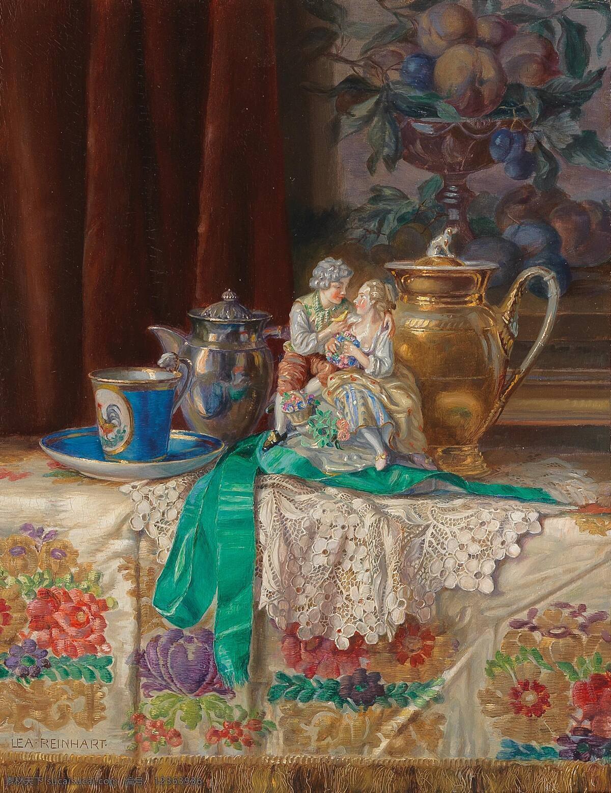 利 莱茵 哈特 作品 德国画家 静物油画 室内 花色桌布 珐琅彩茶具 一对情侣瓷像 19世纪油画 油画 文化艺术 绘画书法