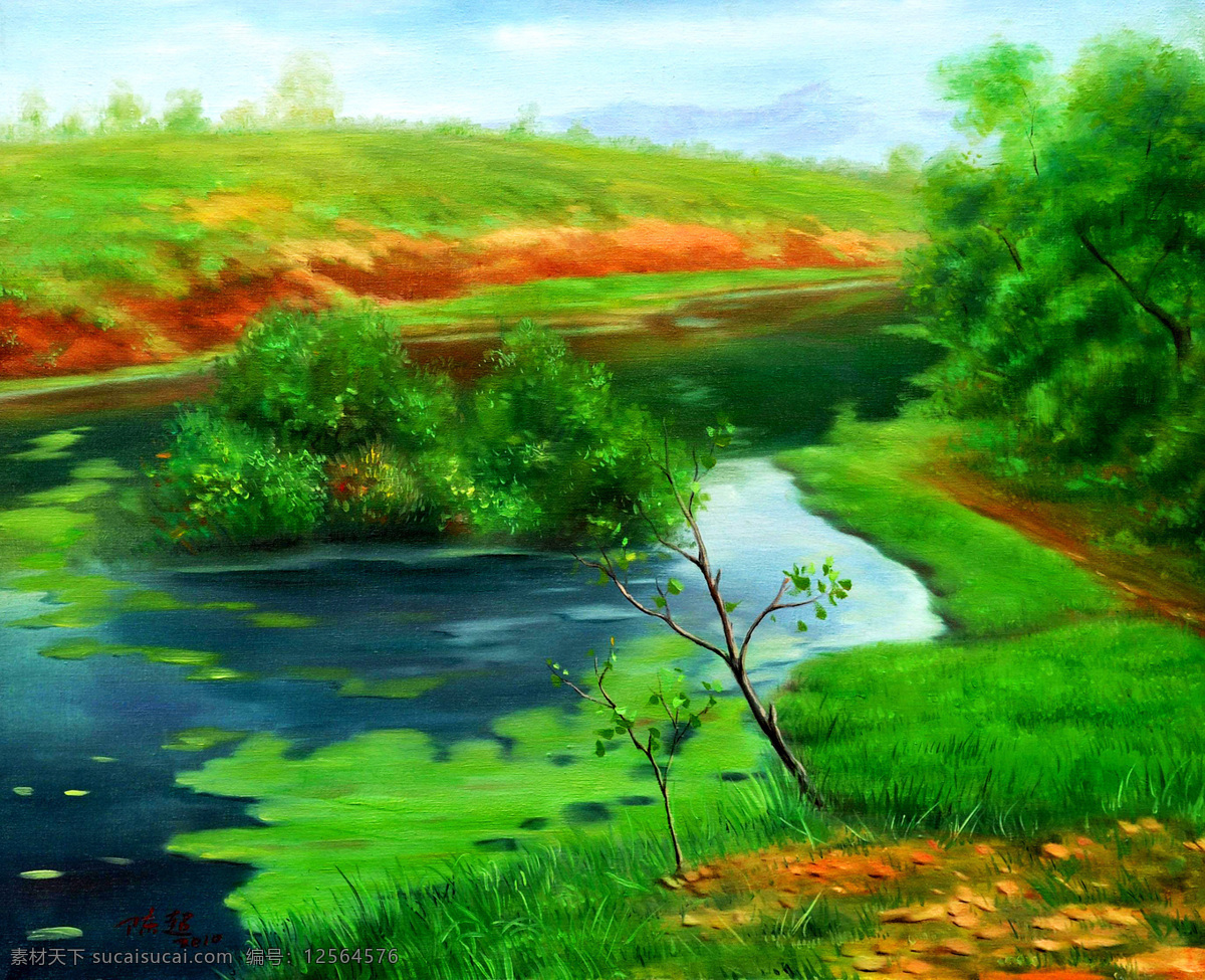 绿野仙踪 油画 小溪 溪水 草地 树木 美丽风景 绘画 文化艺术 世界名画 书画文字